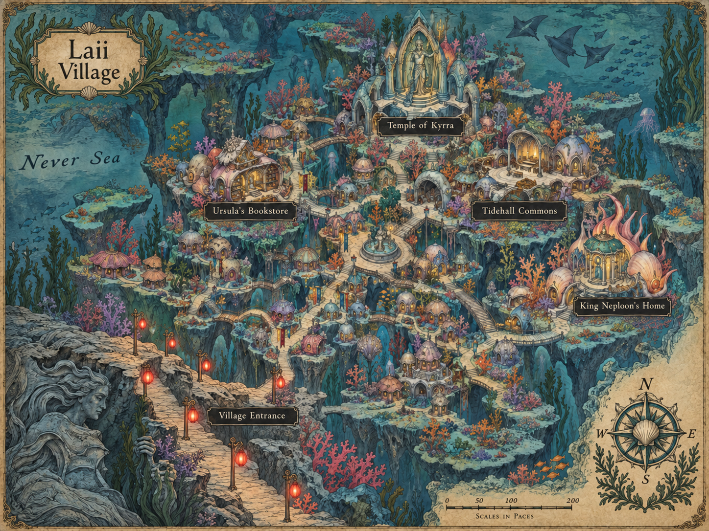 An illustrated map of Laii Village, a settlement built into an underwater coral reef.