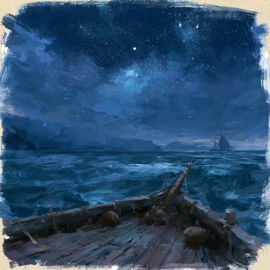 A view from the bow of a wooden ship across a dark blue sea beneath a sky full of stars.