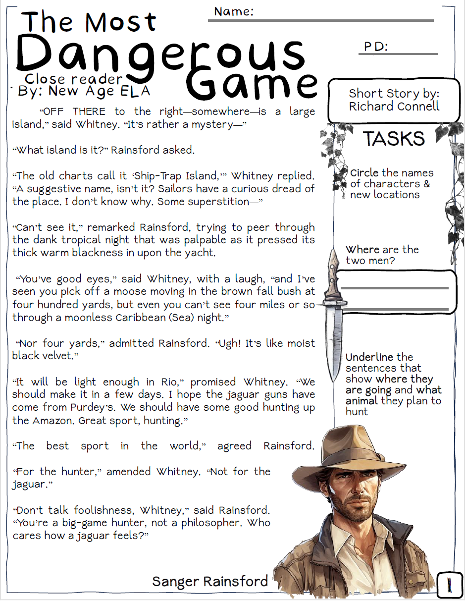 Close Reader · Opening page. Illustrated story text, annotation tasks, and guided questions.