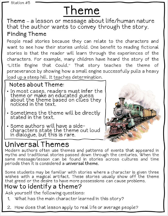 Theme · Station preview. Definitions, examples, and questions for identifying theme.