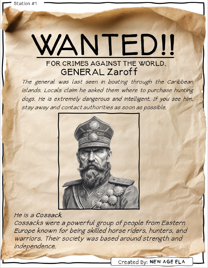 General Zaroff · Station front. A wanted-poster introduction to the story’s antagonist.